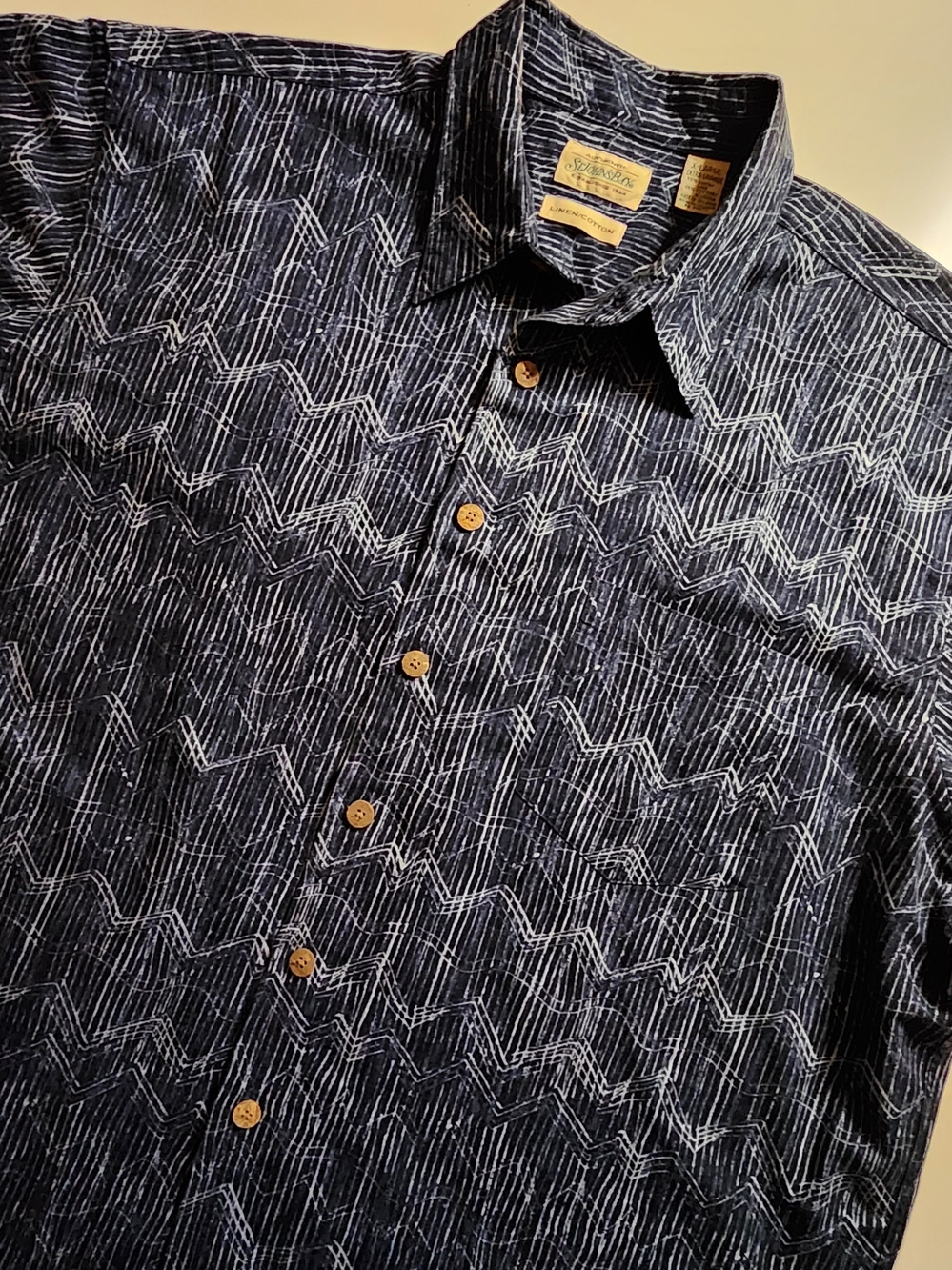 St. John's Bay Navy Button-Down Shirt with White Geometric Print - Picture 2 of 5